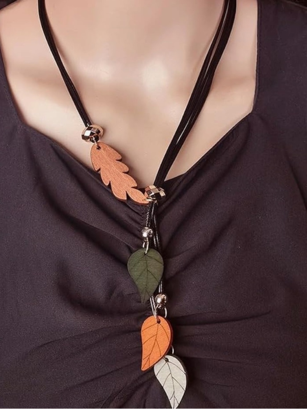 Multi-Leaf Leather Necklace in Black, Green, Orange, Cream